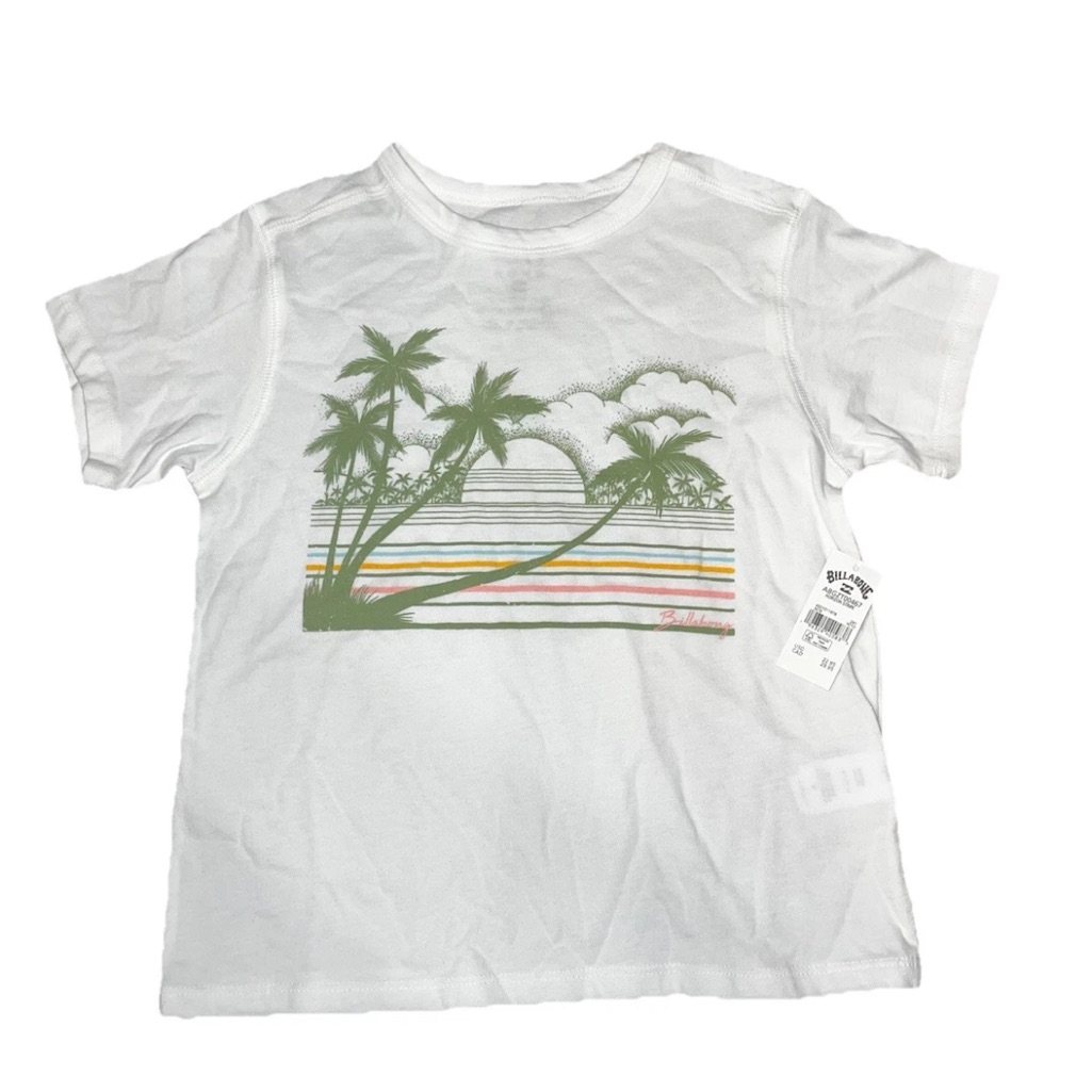 Billabong White Short Sleeve Beach Surf T Shirt Green Pink Girls Nwt Medium